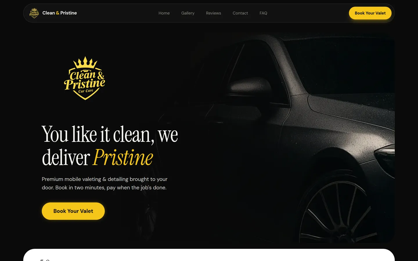 The new Clean & Pristine homepage: a sticky top navigation, a strong hero headline and one clear Book Your Valet button.