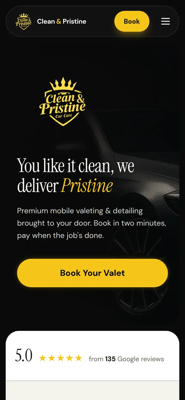 The new Clean & Pristine homepage on a phone, with a clean hero and a single clear booking button.