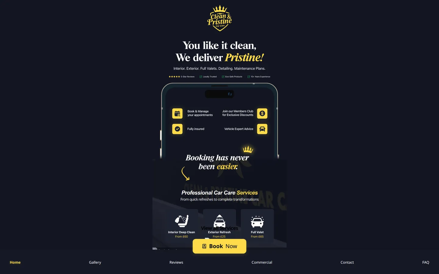The old Clean & Pristine homepage: centered logo, colliding layout elements and trust badges as small text.