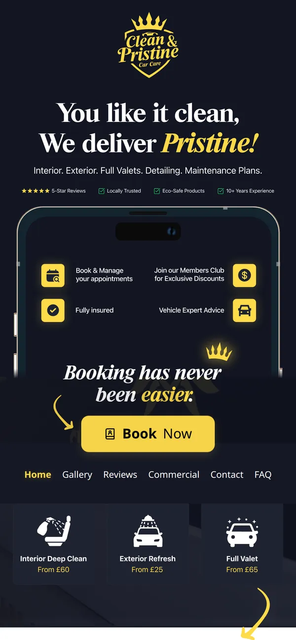 The old Clean & Pristine homepage on a phone, with overlapping content and a cramped layout.
