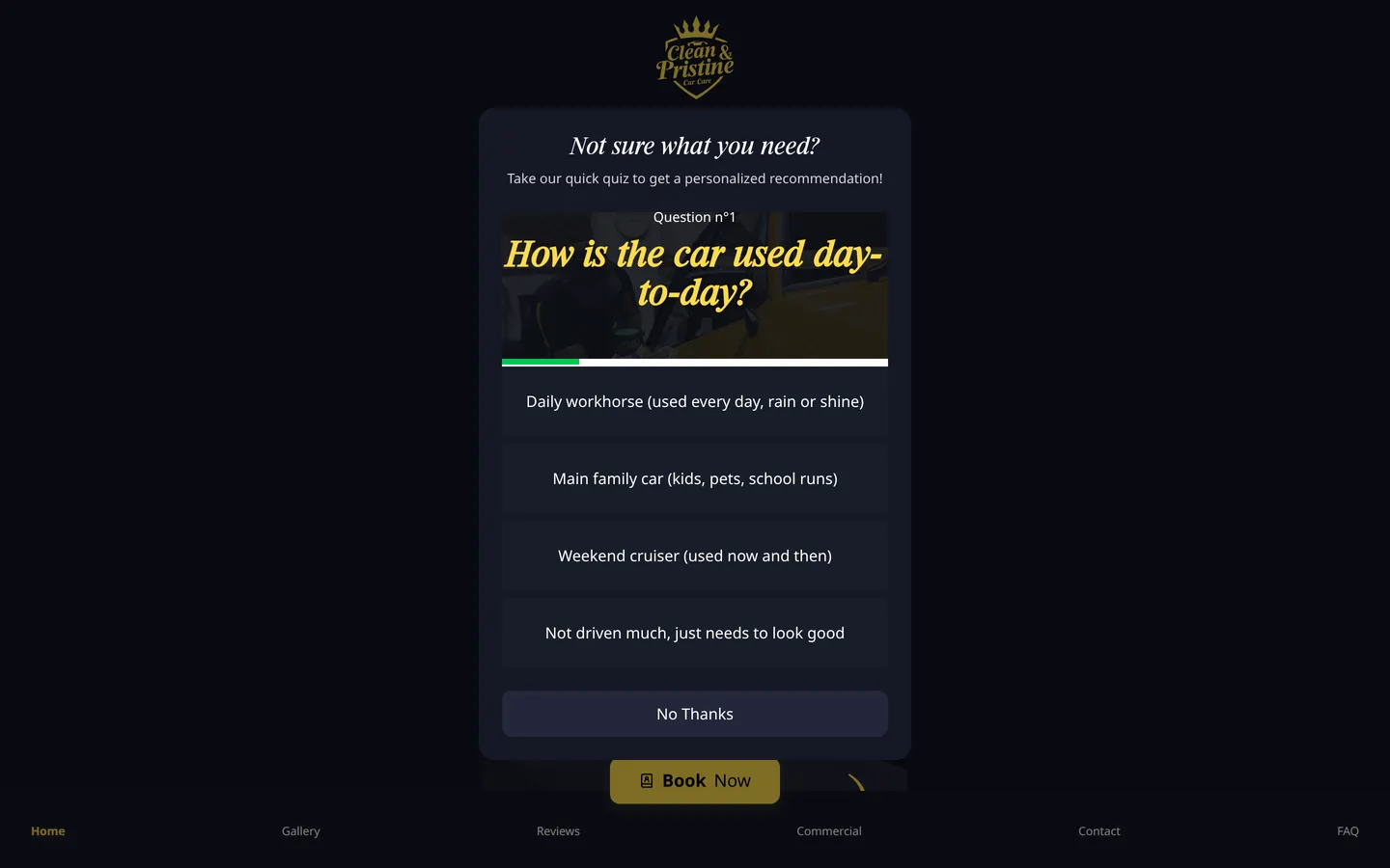 The old site's on-load quiz popup covering the homepage hero before any content is visible.